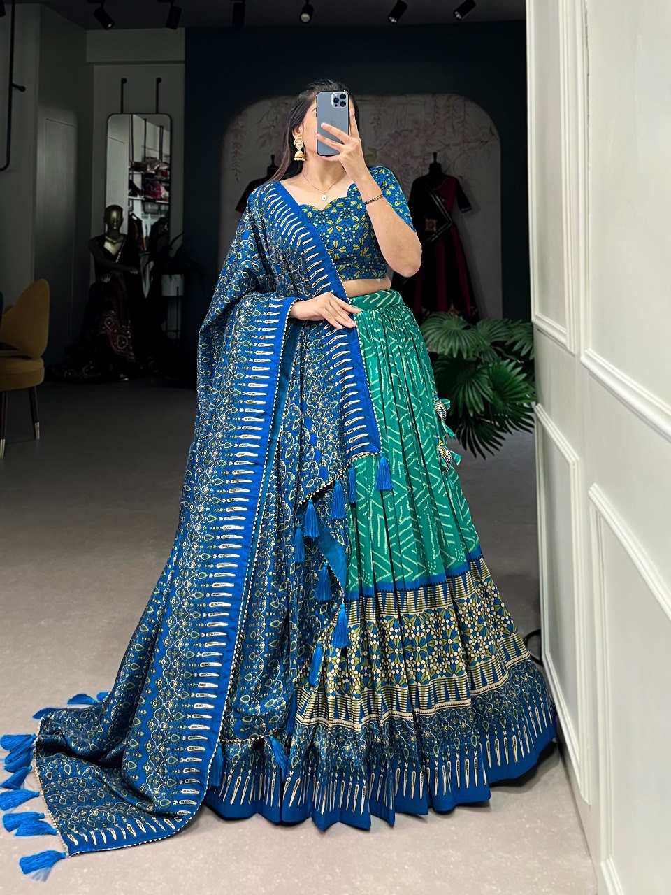 Lorenvalley Green Tussar Silk Bandhej And Ajarakh Print Lehenga Choli with Dupatta | Swadesiicart