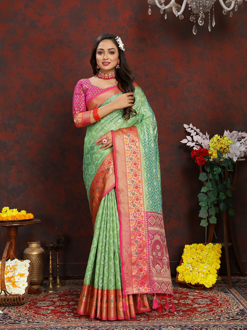 Lorenvalley Fashion Green Organza Silk Woven Design with Rich Meenakari Weaving Pallu Saree - Swadesiicart