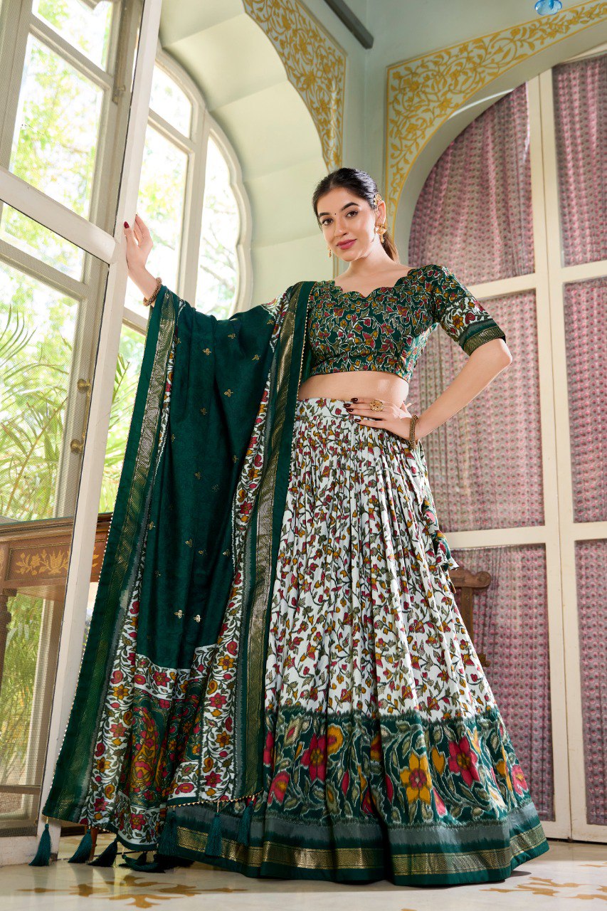 Lorenvalley Green Tussar Silk Floral Print with Foil Print Lehenga Choli with Dupatta | Swadesiicart