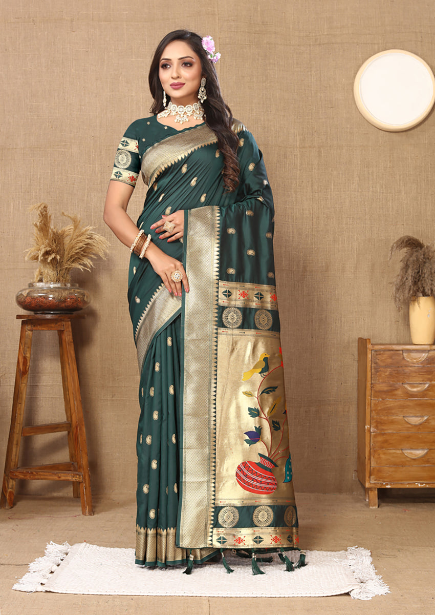 Lorenvalley Fashion Green Soft Paithani Silk Woven Design Rich Zari Meenakari Weaving Saree - Swadesiicart