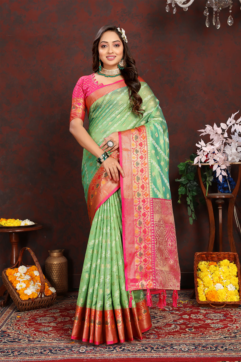 Lorenvalley Fashion Green Organza Silk Woven Design with Rich Meenakari Weaving Pallu Saree - Swadesiicart