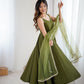 Lorenvalley Fashion Green Pure Romansilk Chanderi Fabric Yoke Fancy Lace Work Anarkali Kurta Pant With Dupatta Set - Swadesiicart