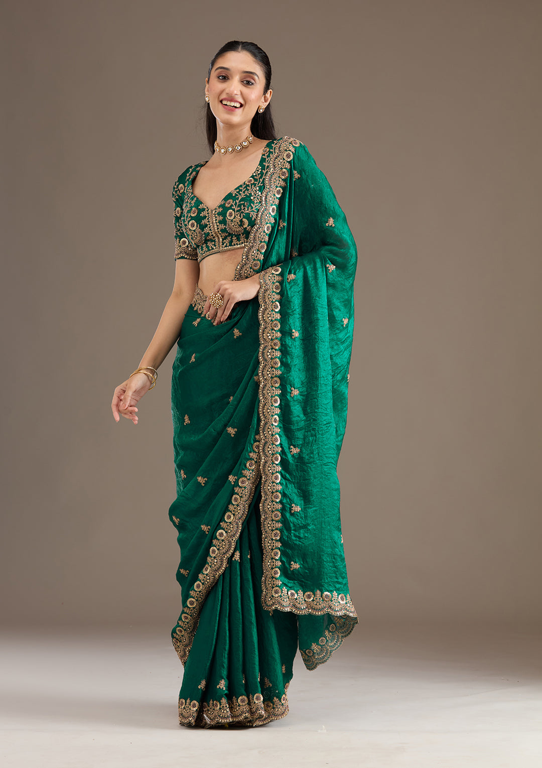 Lorenvalley Fashion Green Fendy Satin with Embroidery Double Sequence Work Saree with Blouse - Swadesiicart