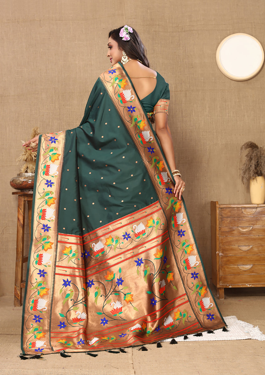 Lorenvalley Fashion Green Soft Paithani Silk Woven Design Rich Zari Meenakari Weaving Saree - Swadesiicart