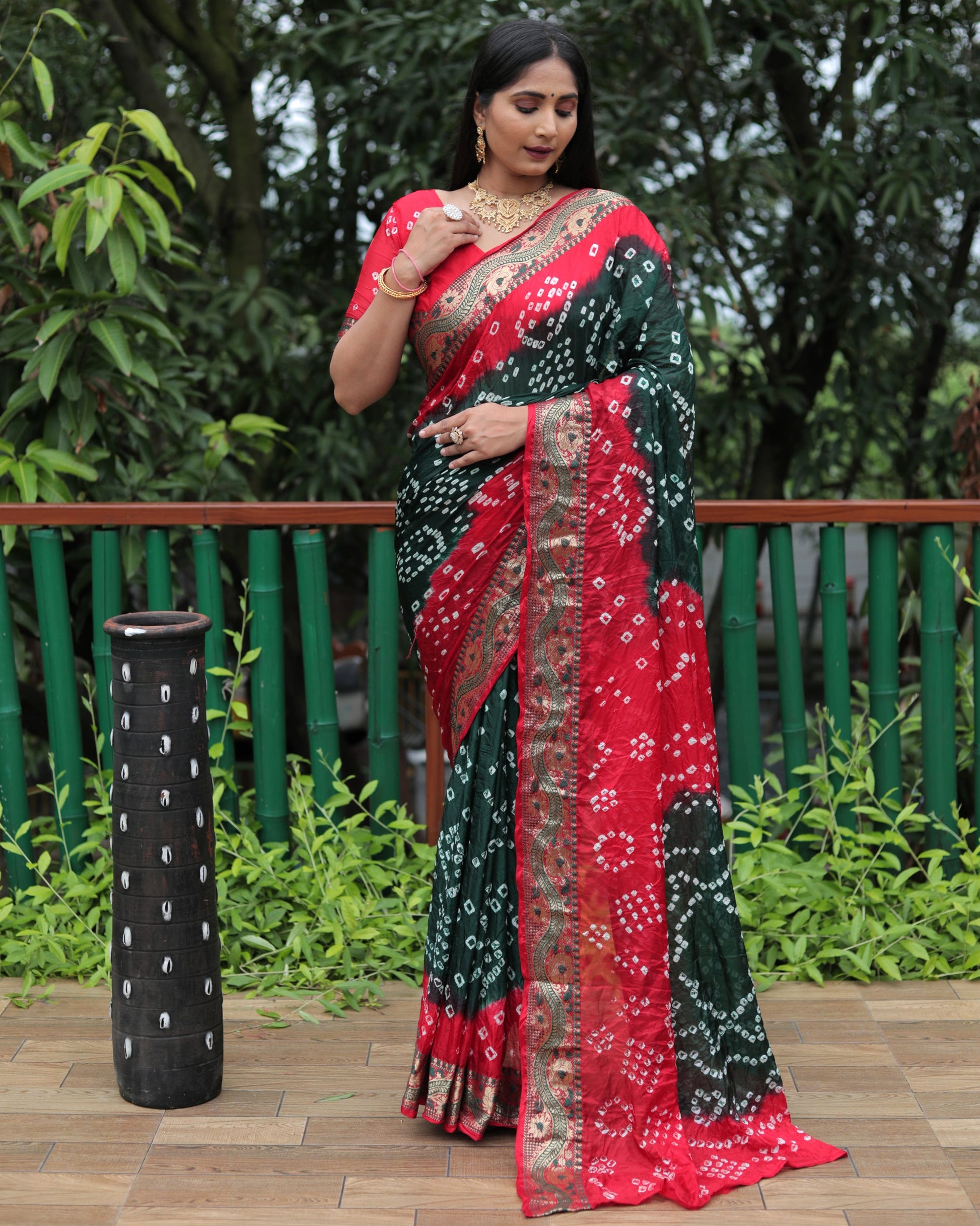 Lorenvalley Premium Pure Bandhej Tapeta Soft light weight silk saree with zari weaving Border - Multicolor - Swadesiicart