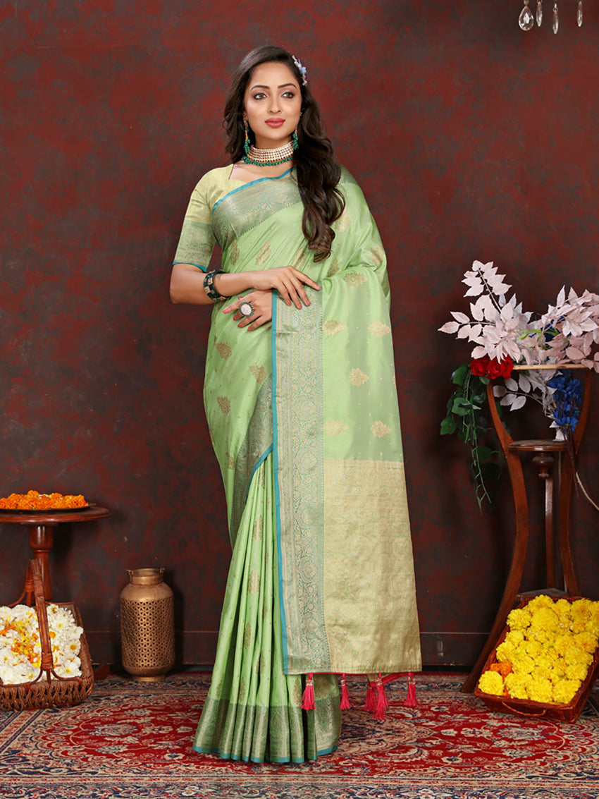 Lorenvalley Fashion Green Soft Katan Silk Woven Design Zari Weaving Pallu Saree - Swadesiicart