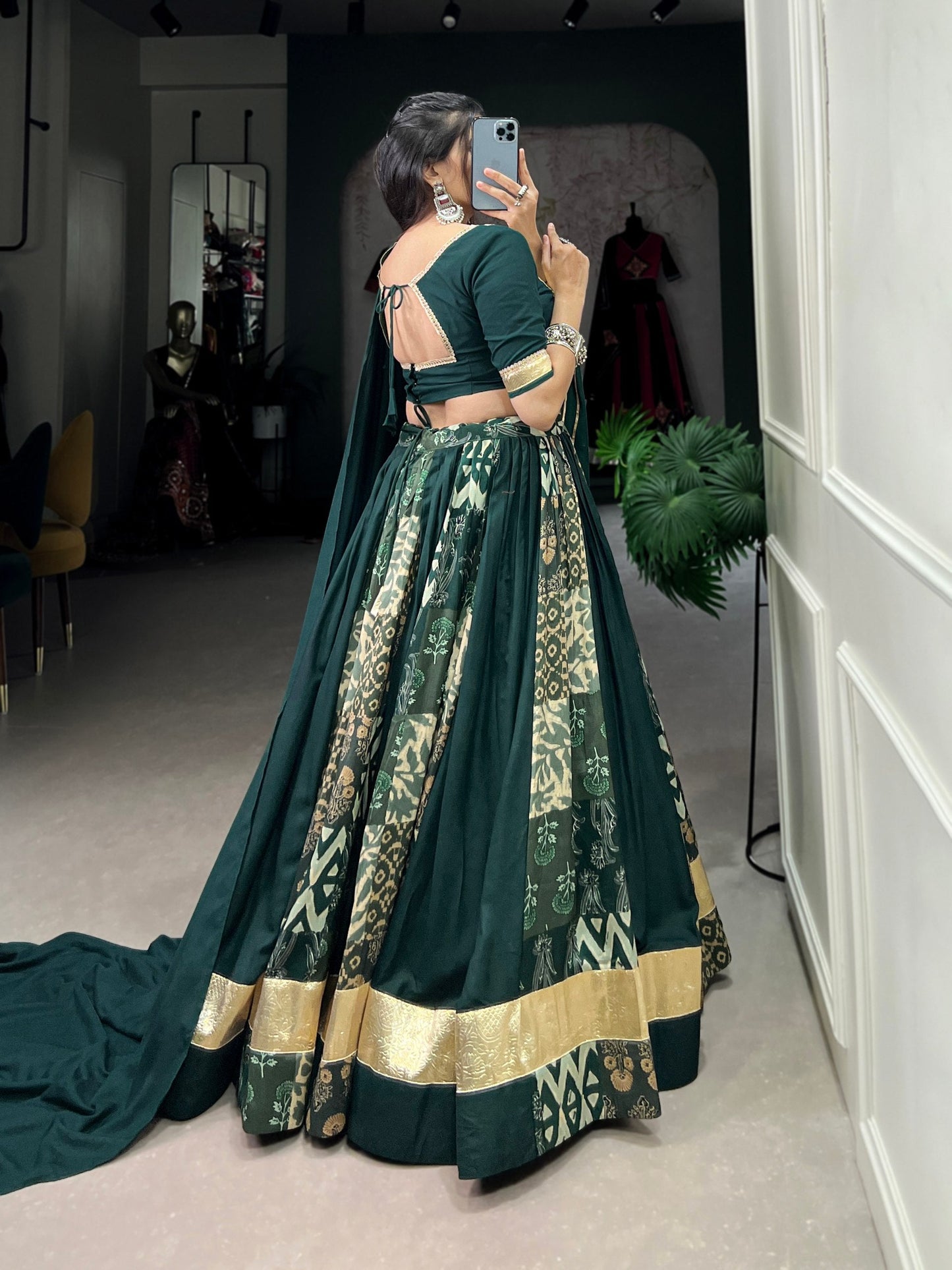 Lorenvalley Green Rayon and Tussar Silk Plain And Printed With Embossed Design Gota Lace Lehenga Choli with Dupatta | Swadesiicart