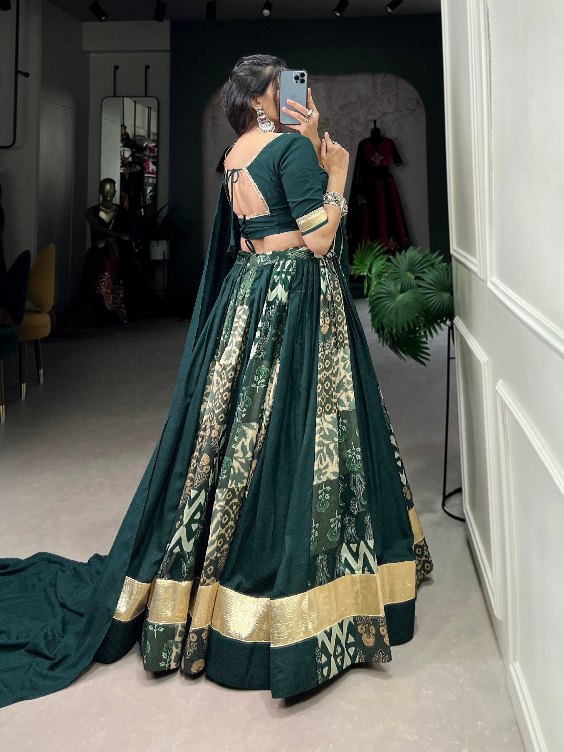 Lorenvalley Green Rayon and Tussar Silk Plain And Printed With Embossed Design Gota Lace Lehenga Choli with Dupatta | Swadesiicart
