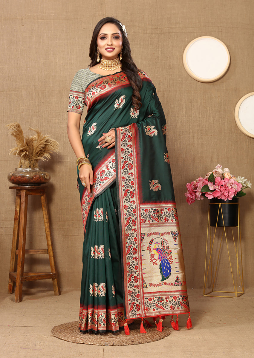 Lorenvalley Fashion Green Soft Paithani Silk Woven Design Rich Meenakari Zari Weaving Pallu Saree - Swadesiicart