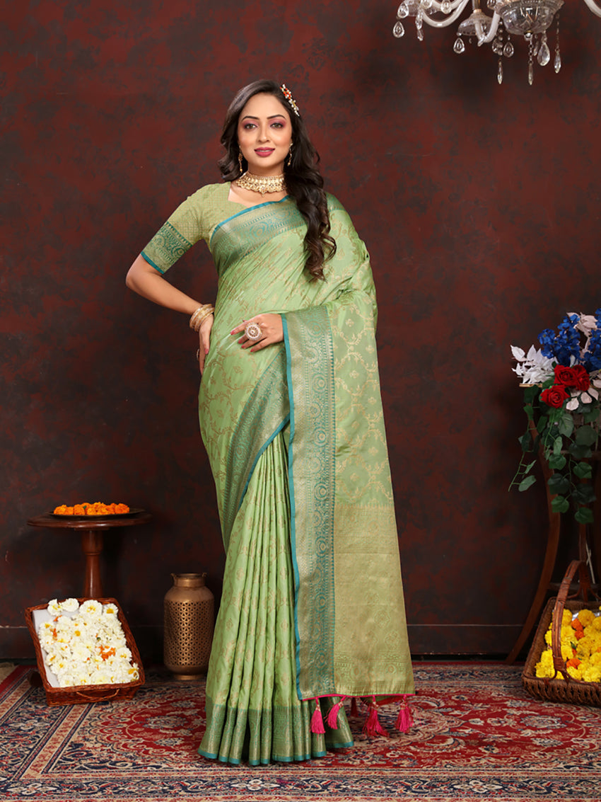 Lorenvalley Fashion Green Soft Katan Silk Woven Design Zari Weaving Pallu Saree - Swadesiicart