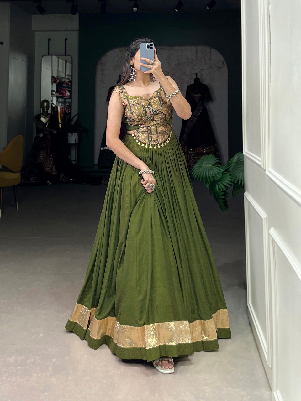 Lorenvalley Green Pure Rayon Plain With Embossed Design Lace Touch Up Lehenga Choli | Swadesiicart