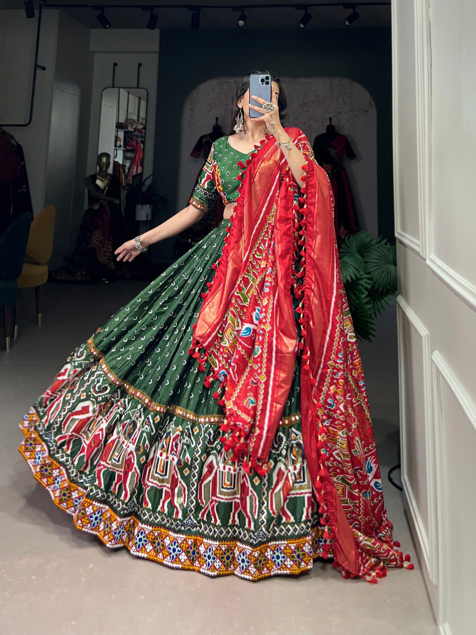 Lorenvalley Dola Silk Green Patola Print With Gamthi Work Lace Border Lehenga Choli with Dupatta | Swadesiicart