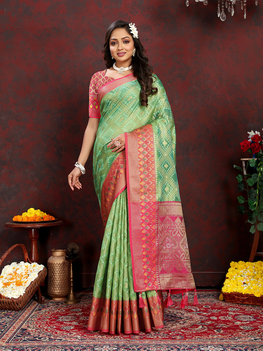 Lorenvalley Fashion Green Organza Silk Woven Design with Rich Meenakari Weaving Pallu Saree - Swadesiicart