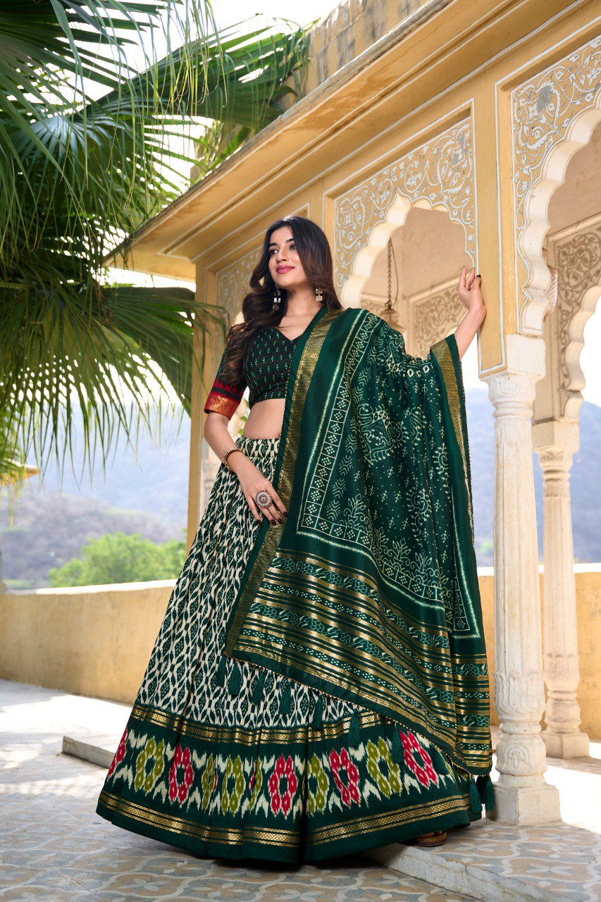 Lorenvalley Green Tussar Silk Ikkat Print With Foil Work Lehenga Choli with Dupatta | Swadesiicart