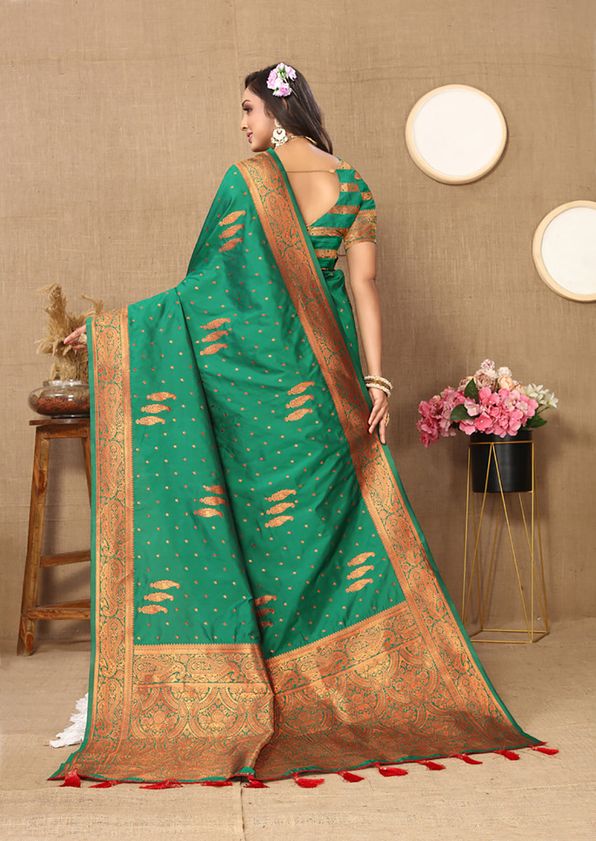 Lorenvalley Fashion Green Soft Silk Copper Zari weaving Design Saree - Swadesiicart