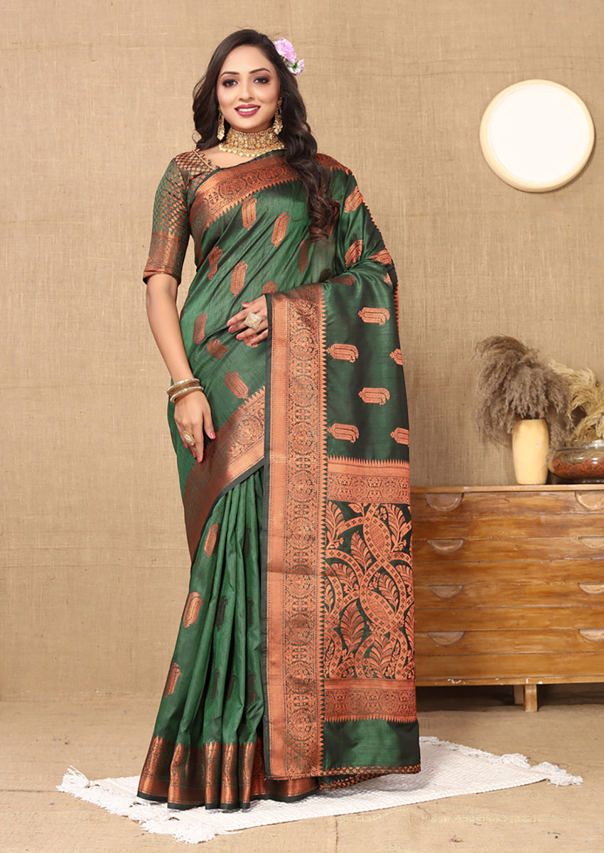 Lorenvalley Fashion Green Soft Katan Silk Woven Design Copper Zari Weaving Saree - Swadesiicart