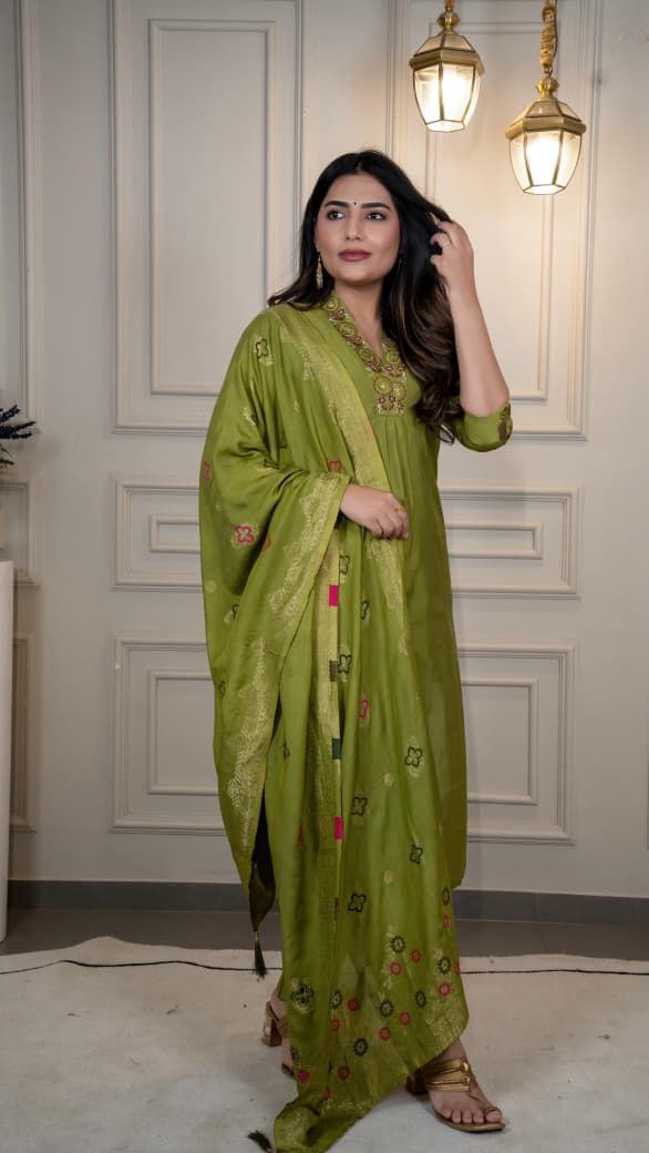 Lorenvalley Fashion Green Roman Silk Embroidery Sequence Work Kurta Pant with Dupatta - Swadesiicart