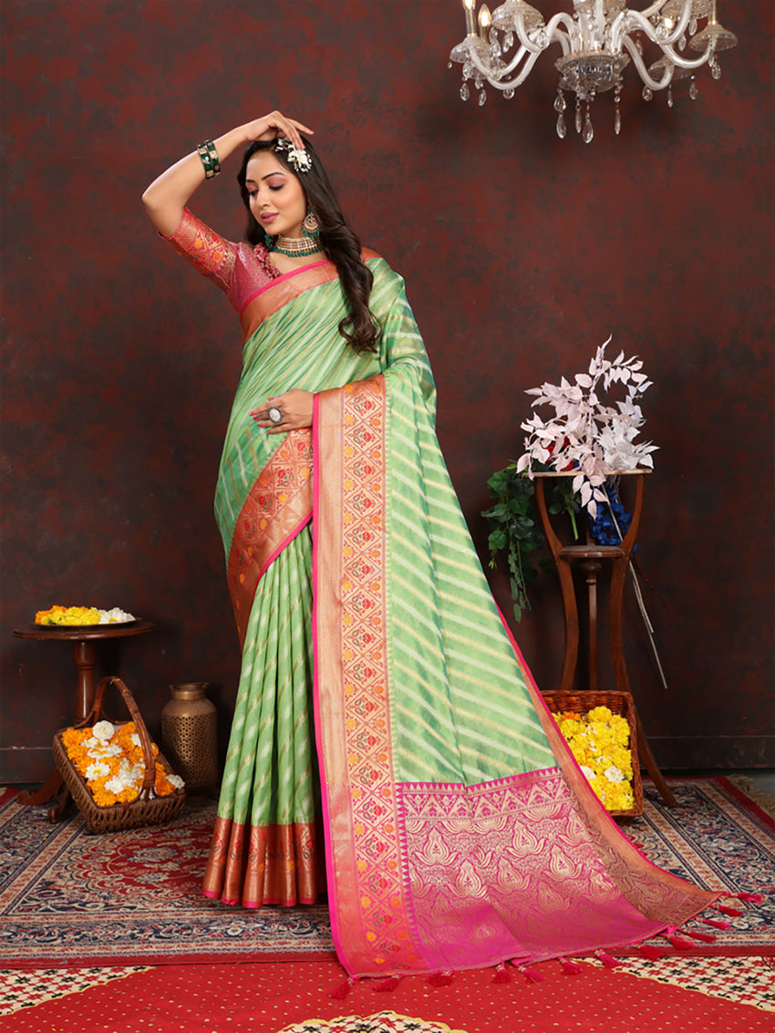 Lorenvalley Fashion Green Organza Silk Woven Design with Rich Meenakari Weaving Pallu Saree - Swadesiicart