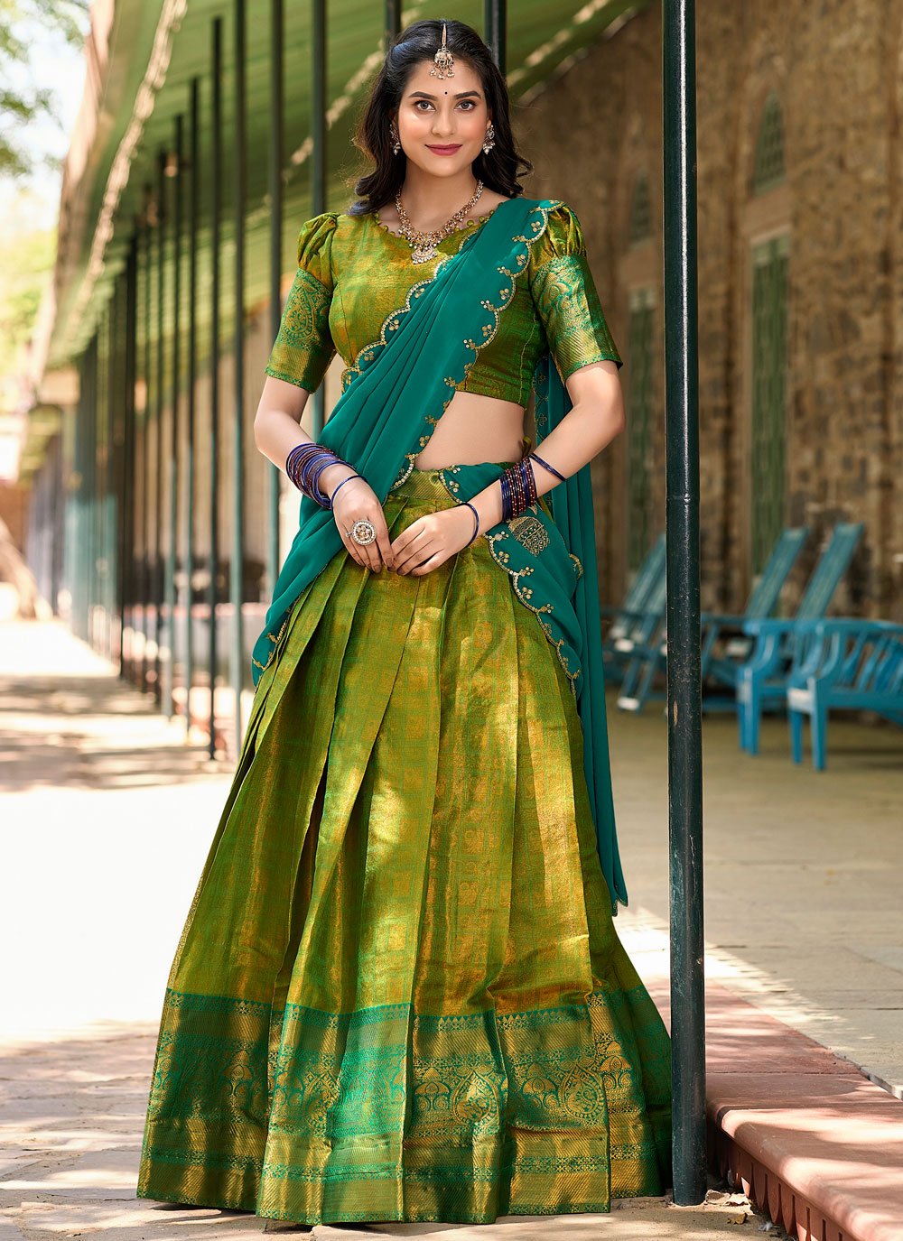 Lorenvalley Green Kanjivaram Silk Zari Weaving Lehenga Choli with Dupatta | Swadesiicart