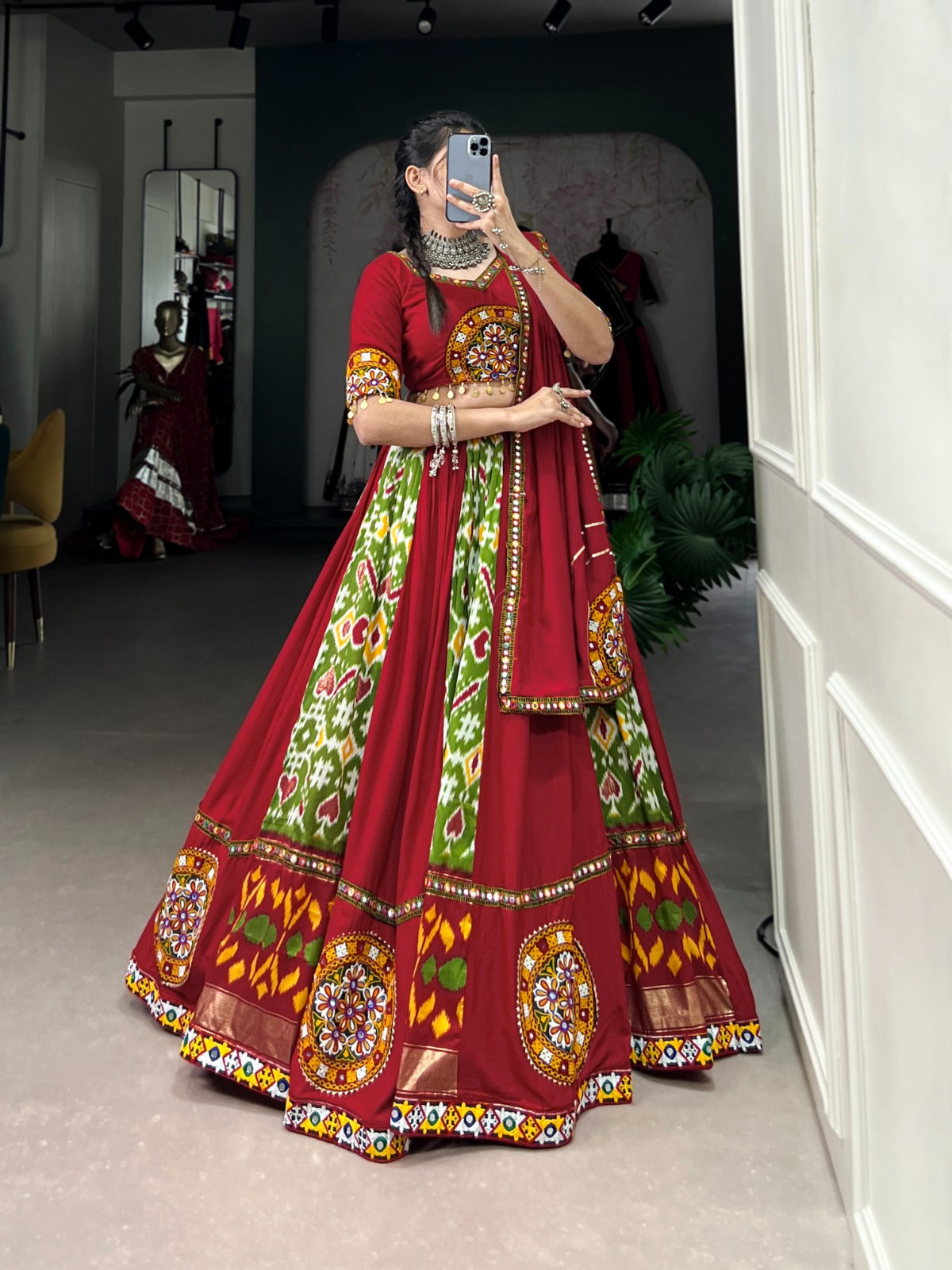 Lorenvalley Green Rayon and Printed Silk with Plain And Printed With Original Mirror Gamthi Work And Gamthi Patch Work Lehenga Choli | Swadesiicart