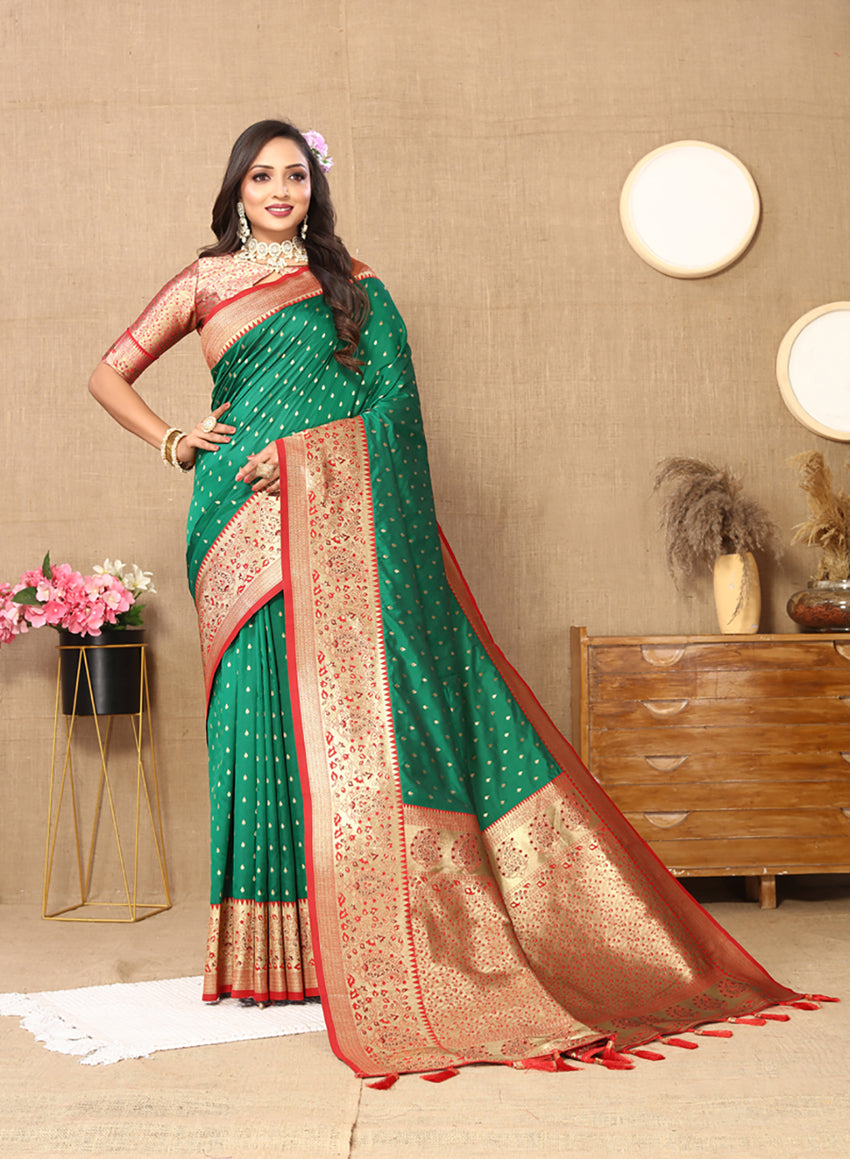 Lorenvalley Fashion Green Soft Silk weaving Design Rich Zari Weaving Saree - Swadesiicart