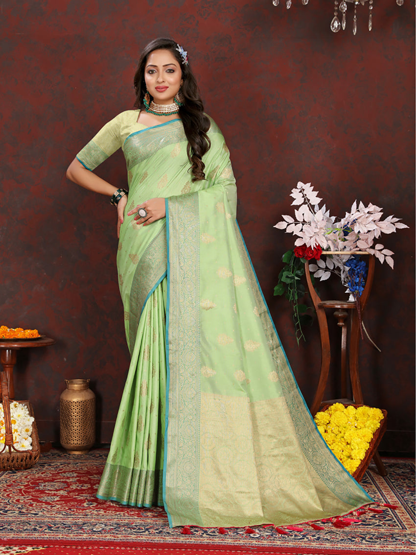 Lorenvalley Fashion Green Soft Katan Silk Woven Design Zari Weaving Pallu Saree - Swadesiicart