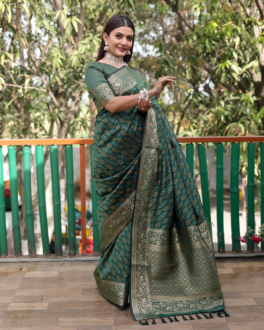 Lorenvalley Premium Bandhej Patola Silk Sarees with kanchi Borders and Contrast Zari Weaving borders Saree - Green - Swadesiicart