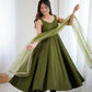 Lorenvalley Fashion Green Pure Romansilk Chanderi Fabric Yoke Fancy Lace Work Anarkali Kurta Pant With Dupatta Set - Swadesiicart