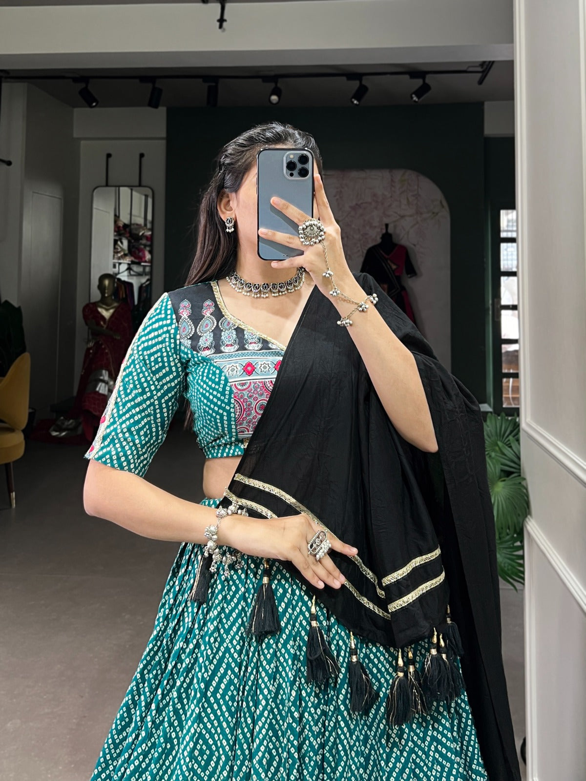 Lorenvalley Green Rayon with Bandhej And Ajarakh Print With Embossed Design Gota Lace Touch up Lehenga Choli | Swadesiicart