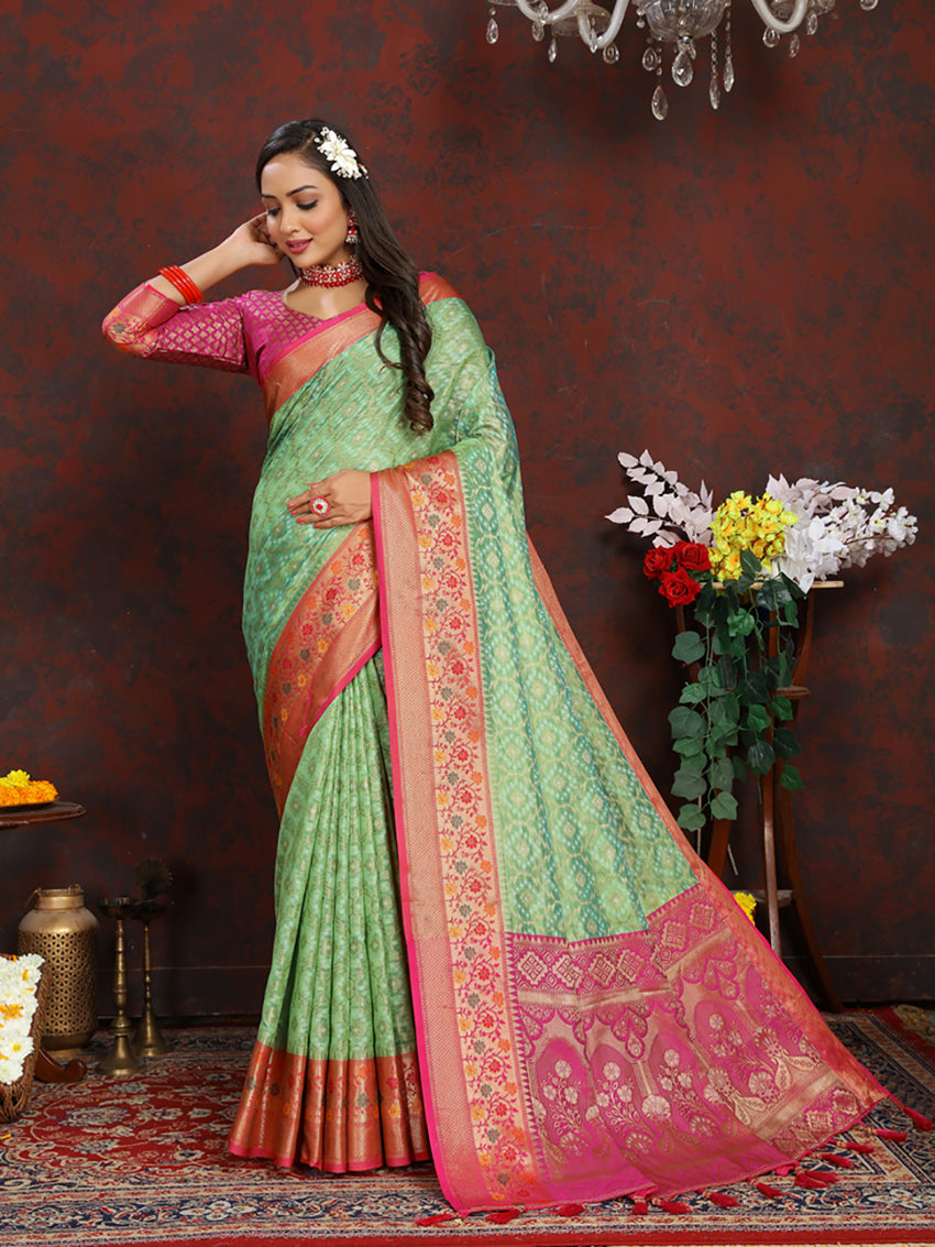 Lorenvalley Fashion Green Organza Silk Woven Design with Rich Meenakari Weaving Pallu Saree - Swadesiicart
