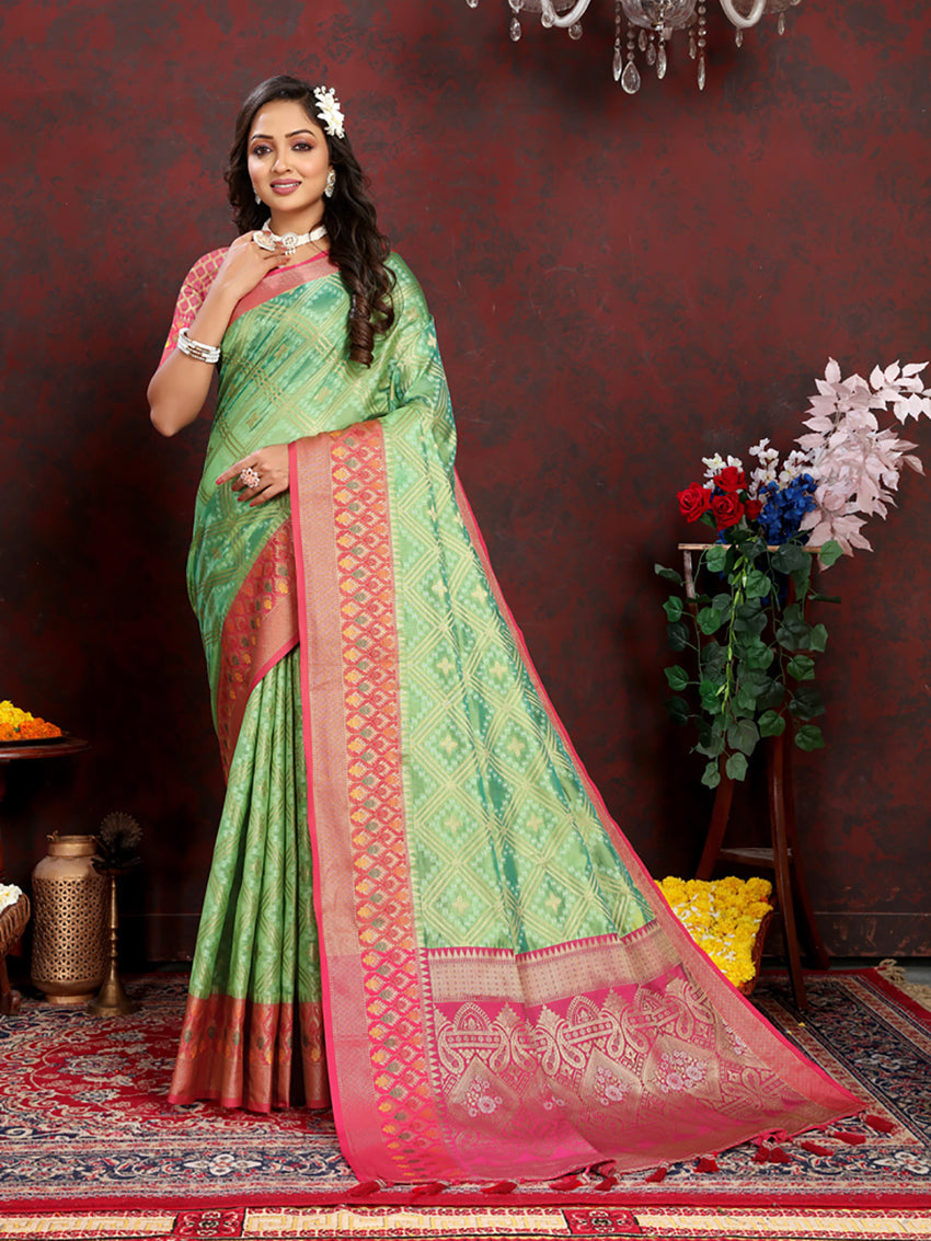 Lorenvalley Fashion Green Organza Silk Woven Design with Rich Meenakari Weaving Pallu Saree - Swadesiicart