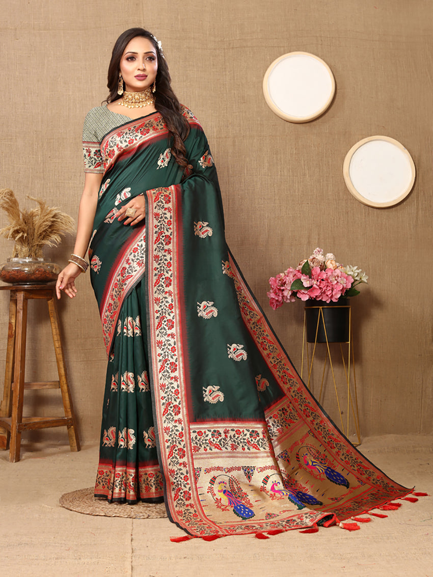 Lorenvalley Fashion Green Soft Paithani Silk Woven Design Rich Meenakari Zari Weaving Pallu Saree - Swadesiicart