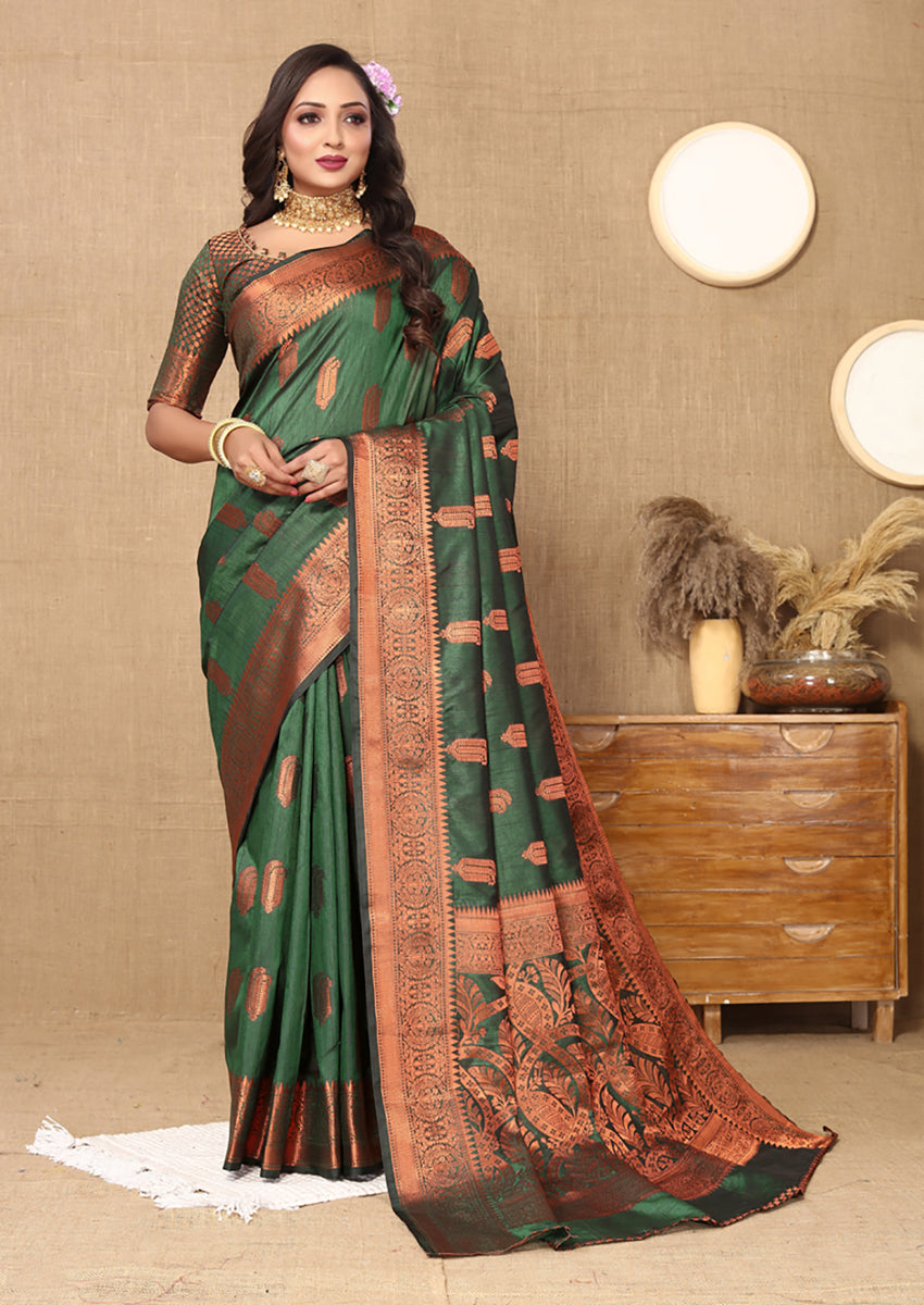 Lorenvalley Fashion Green Soft Katan Silk Woven Design Copper Zari Weaving Saree - Swadesiicart