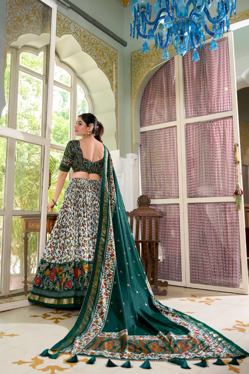 Lorenvalley Green Tussar Silk Floral Print with Foil Print Lehenga Choli with Dupatta | Swadesiicart