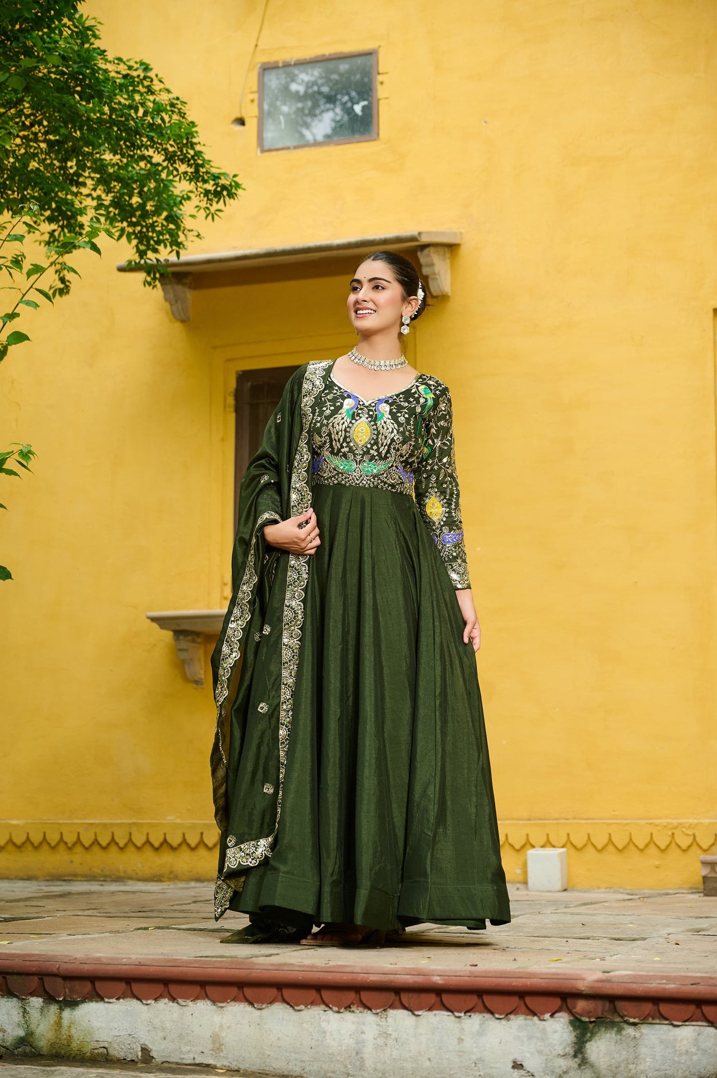 Lorenvalley Fashion Green Vichitra Silk with Multi Thread & Embroidered work Anarkali Gown with Dupatta - Swadesiicart
