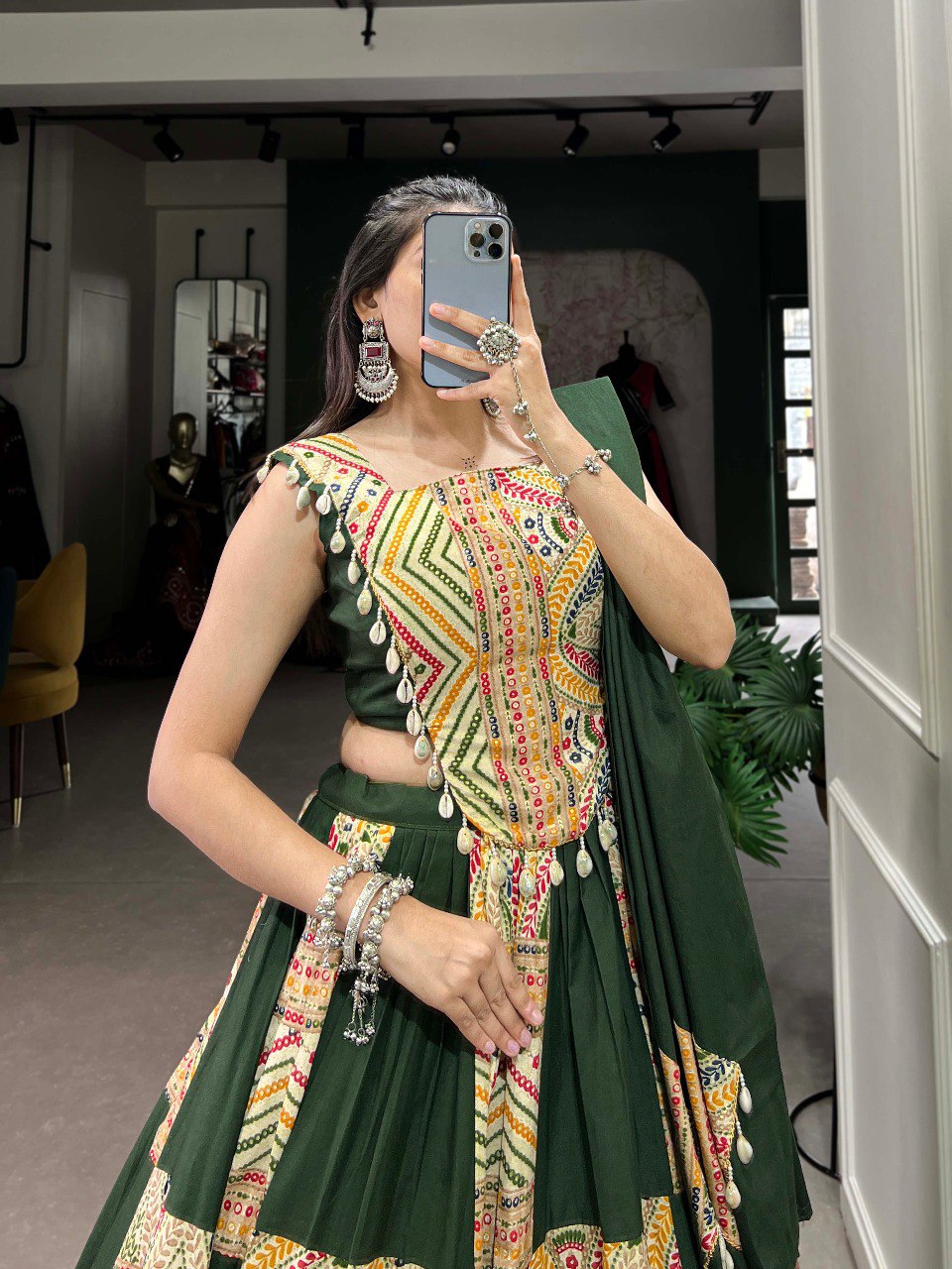 Lorenvalley Green Pure Cotton Plain And Printed With Foil Work Lehenga Choli with Dupatta | Swadesiicart