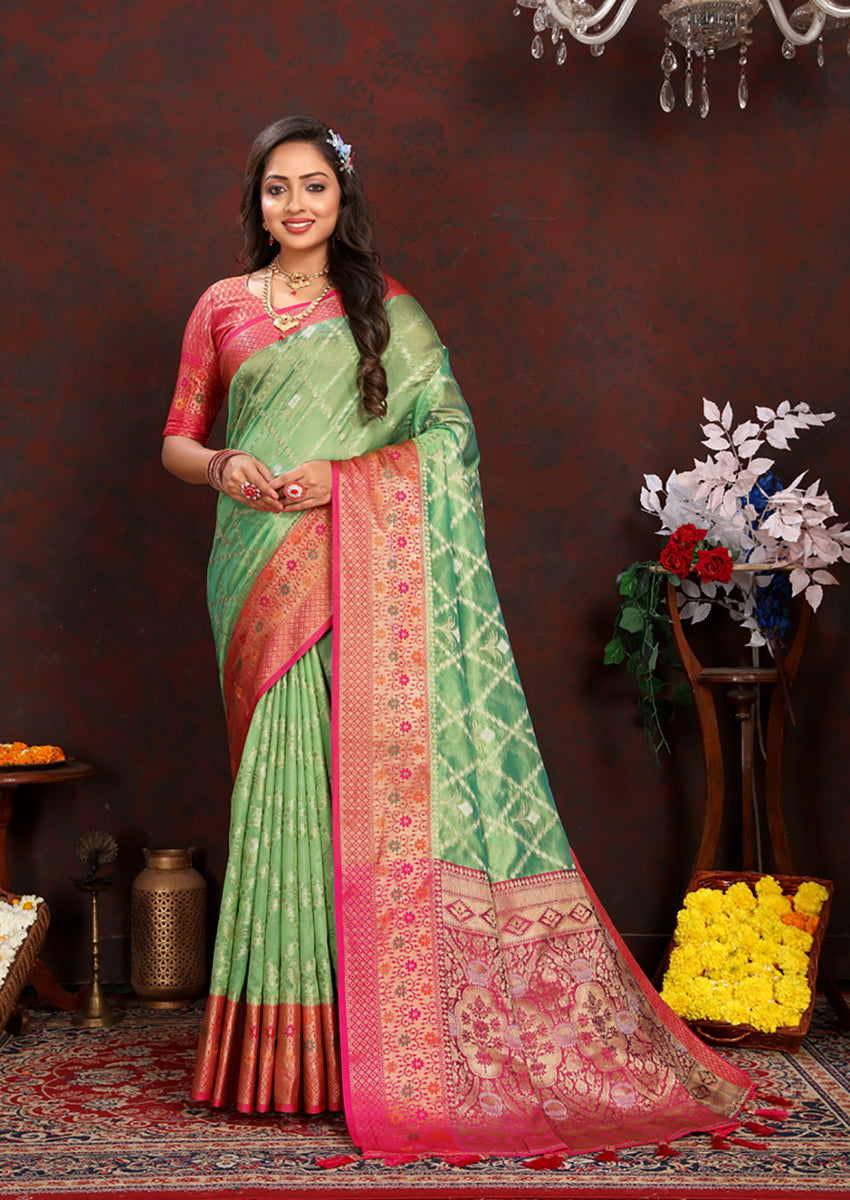 Lorenvalley Fashion Green Organza Silk Woven Design with Rich Meenakari Weaving Pallu Saree - Swadesiicart