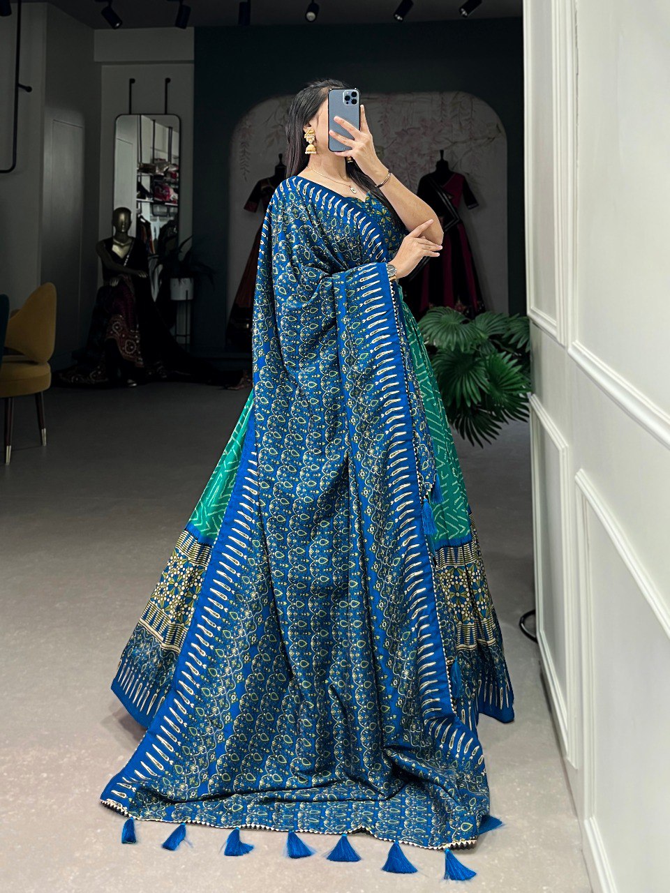 Lorenvalley Green Tussar Silk Bandhej And Ajarakh Print Lehenga Choli with Dupatta | Swadesiicart