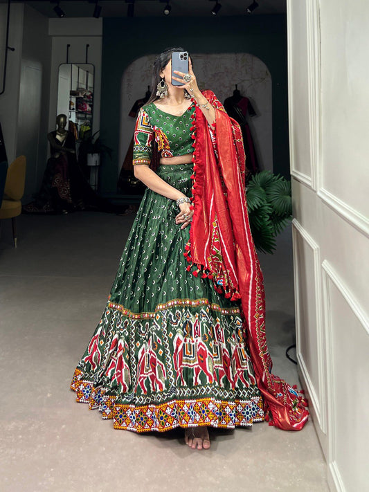 Lorenvalley Dola Silk Green Patola Print With Gamthi Work Lace Border Lehenga Choli with Dupatta | Swadesiicart