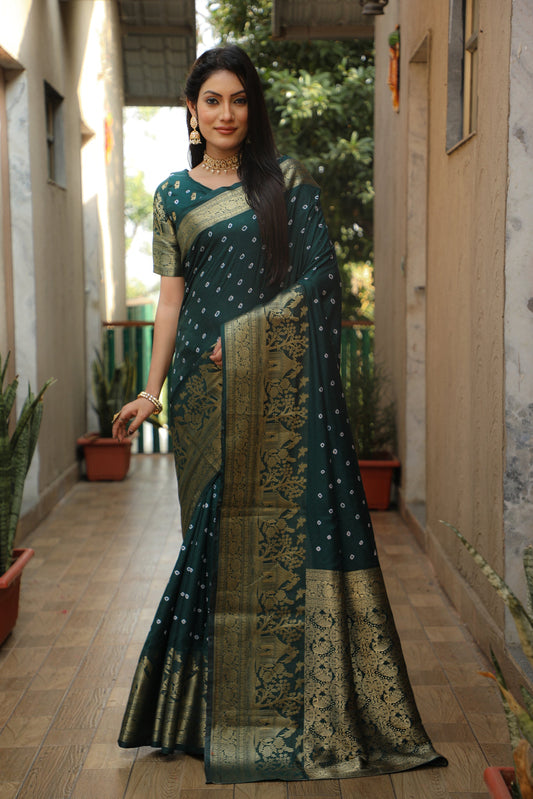 Lorenvalley Premium Pure Handmade Bandhej Kanjivaram silk saree with Zari Weaving Rich Pallu saree - Green - Swadesiicart
