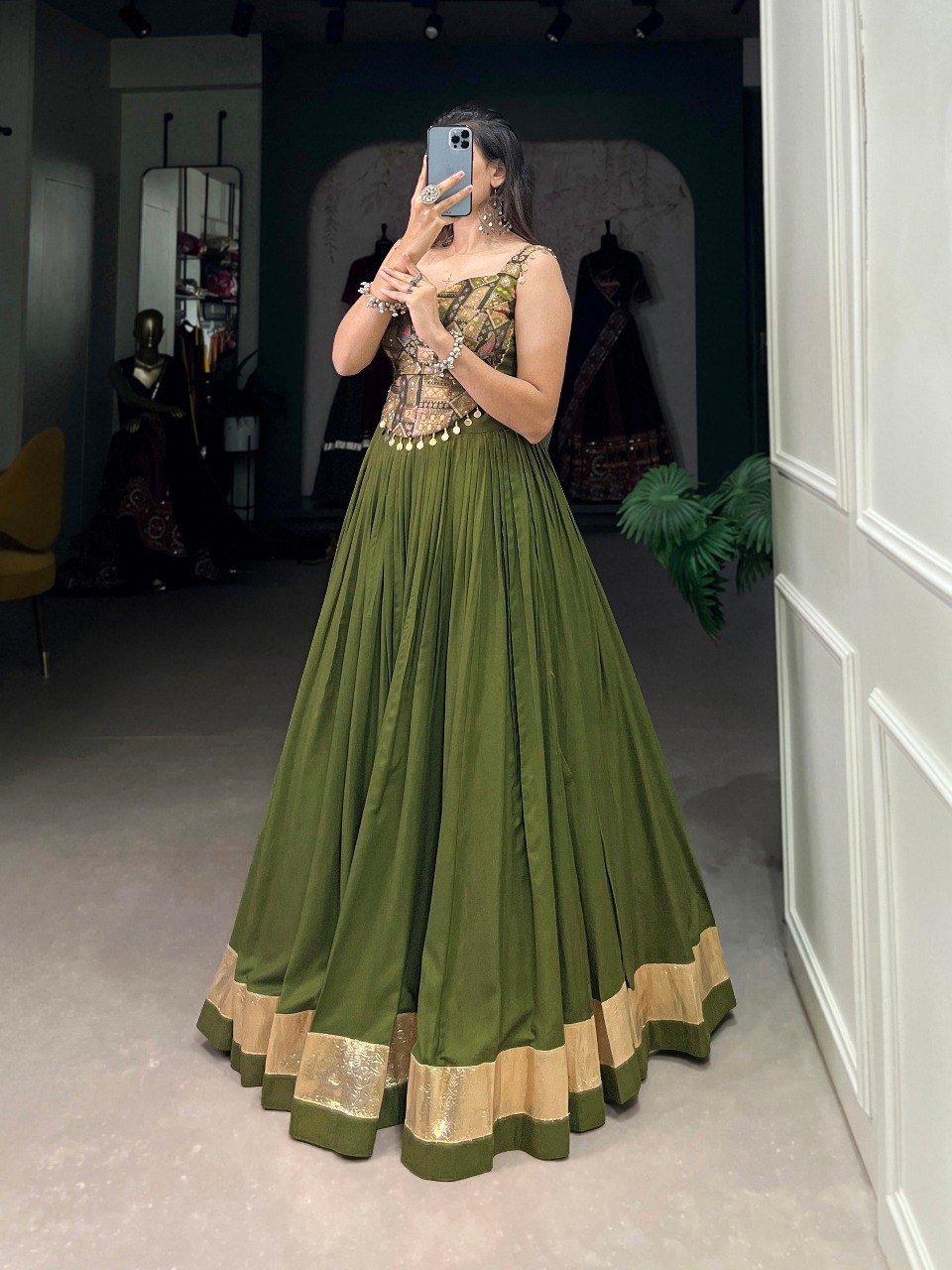 Lorenvalley Green Pure Rayon Plain With Embossed Design Lace Touch Up Lehenga Choli | Swadesiicart