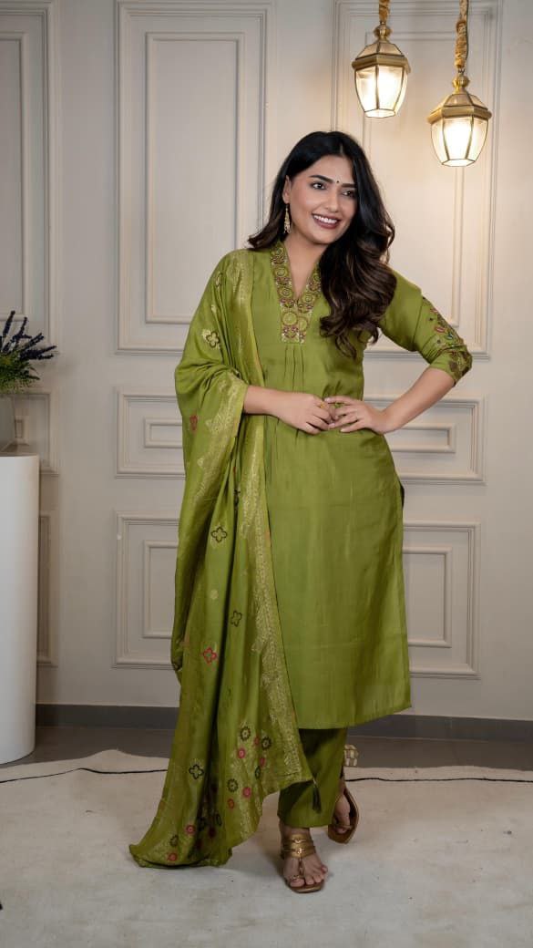 Lorenvalley Fashion Green Roman Silk Embroidery Sequence Work Kurta Pant with Dupatta - Swadesiicart