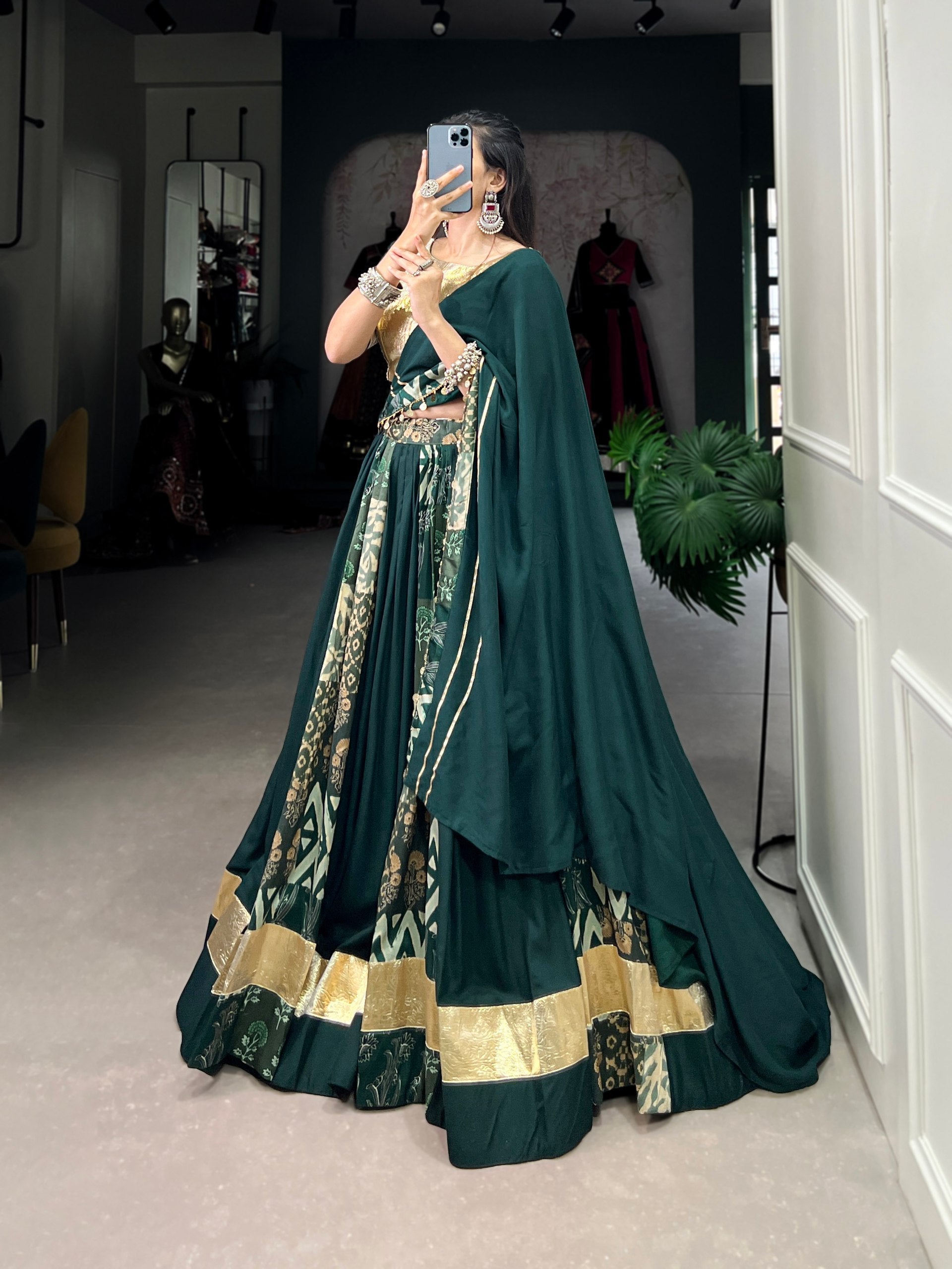 Lorenvalley Rayon and Tussar Silk Green Plain And Printed With Embossed Design Gota Lace Lehenga Choli with Dupatta | Swadesiicart