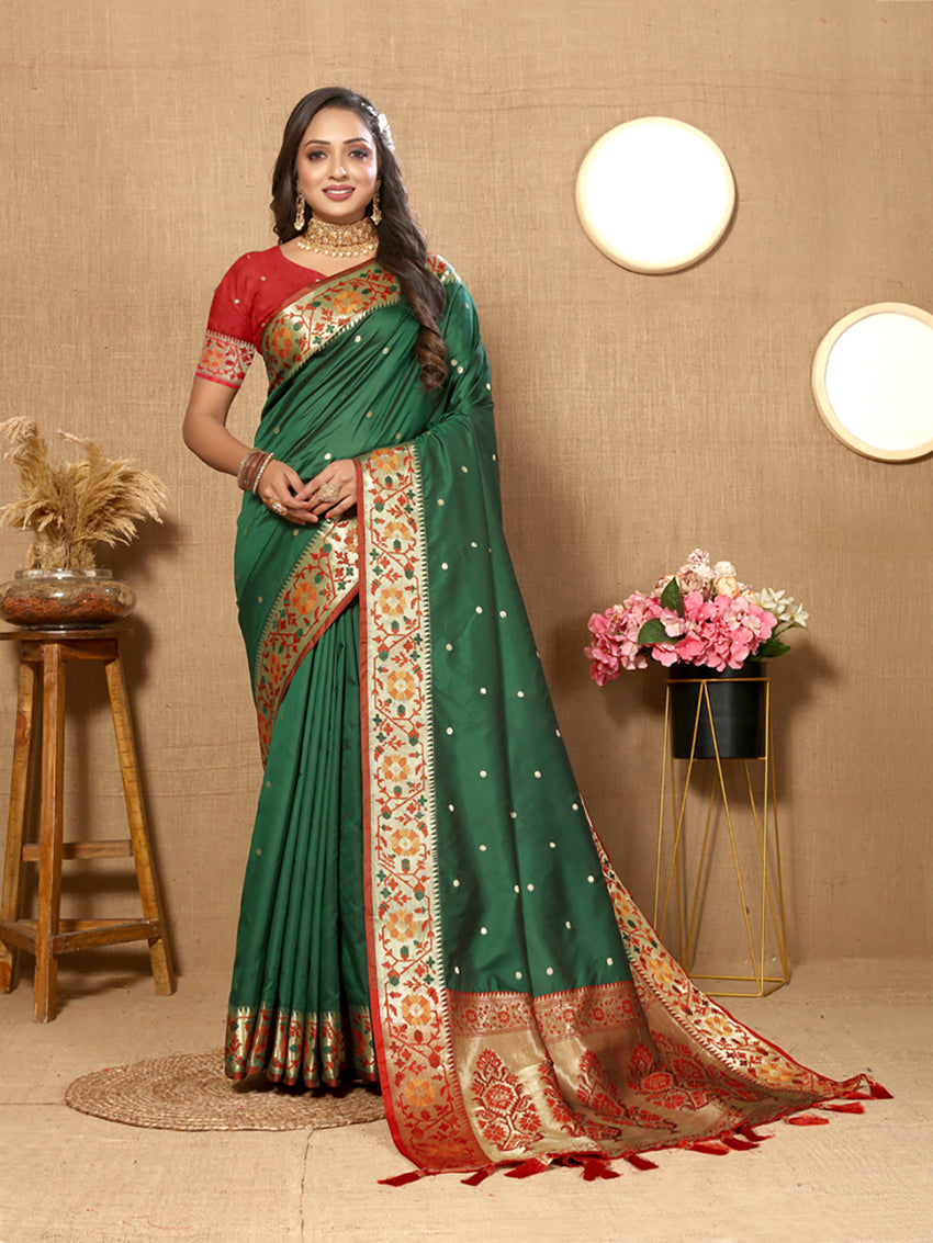 Lorenvalley Fashion Green Soft Paithani Silk Woven Design Rich Meenakari Zari Weaving Pallu Saree - Swadesiicart