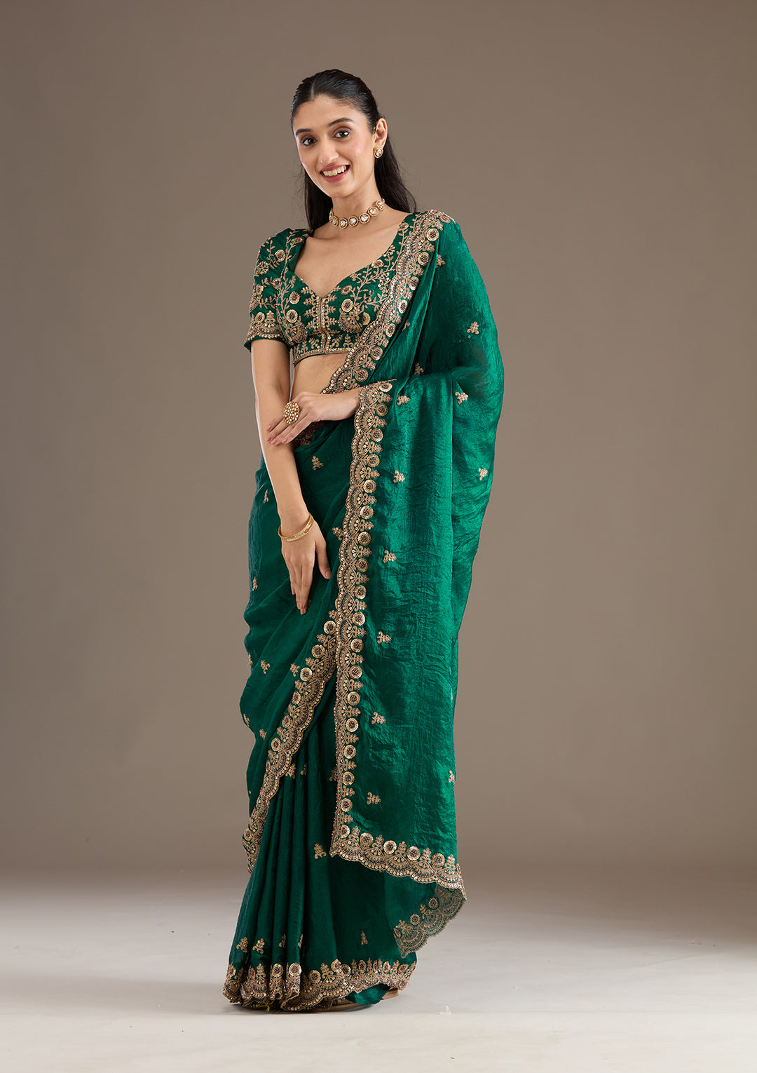 Lorenvalley Fashion Green Fendy Satin with Embroidery Double Sequence Work Saree with Blouse - Swadesiicart