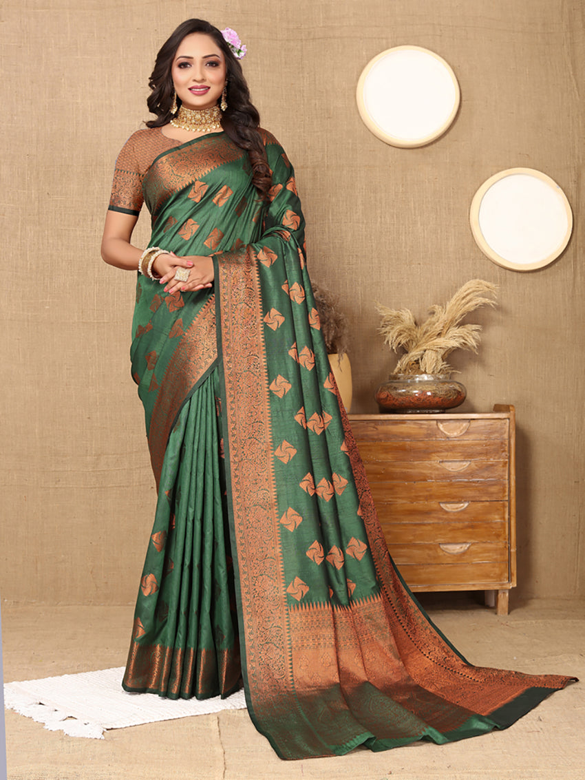 Lorenvalley Fashion Green Soft Katan Silk Woven Design Copper Zari Weaving Saree - Swadesiicart