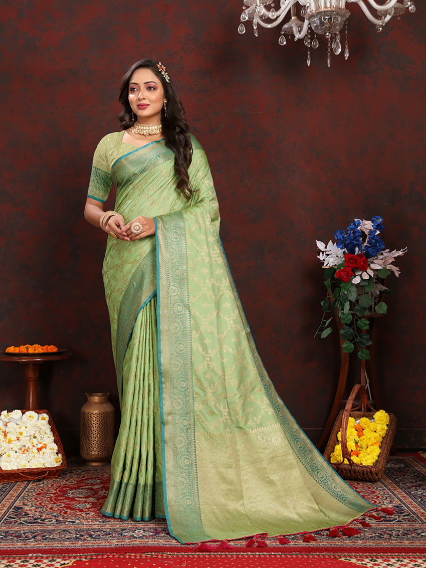 Lorenvalley Fashion Green Soft Katan Silk Woven Design Zari Weaving Pallu Saree - Swadesiicart