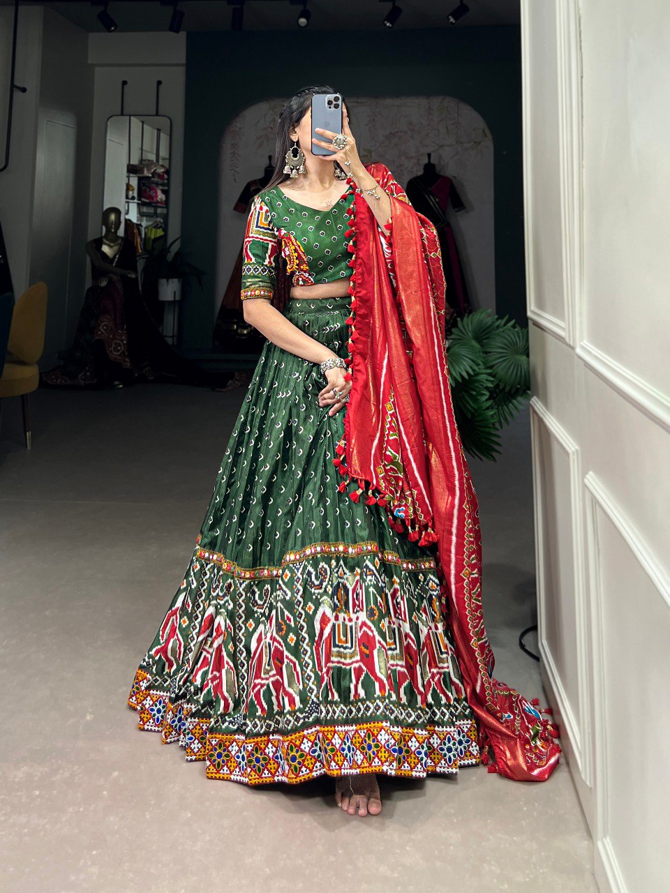 Lorenvalley Green Dola Silk Patola Print With Gamthi Work Lace Border Lehenga Choli with Dupatta | Swadesiicart