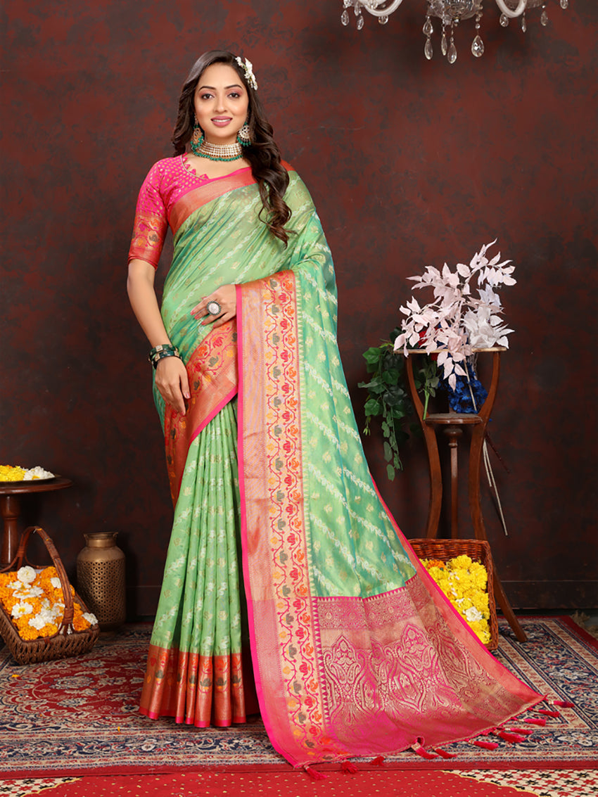 Lorenvalley Fashion Green Organza Silk Woven Design with Rich Meenakari Weaving Pallu Saree - Swadesiicart