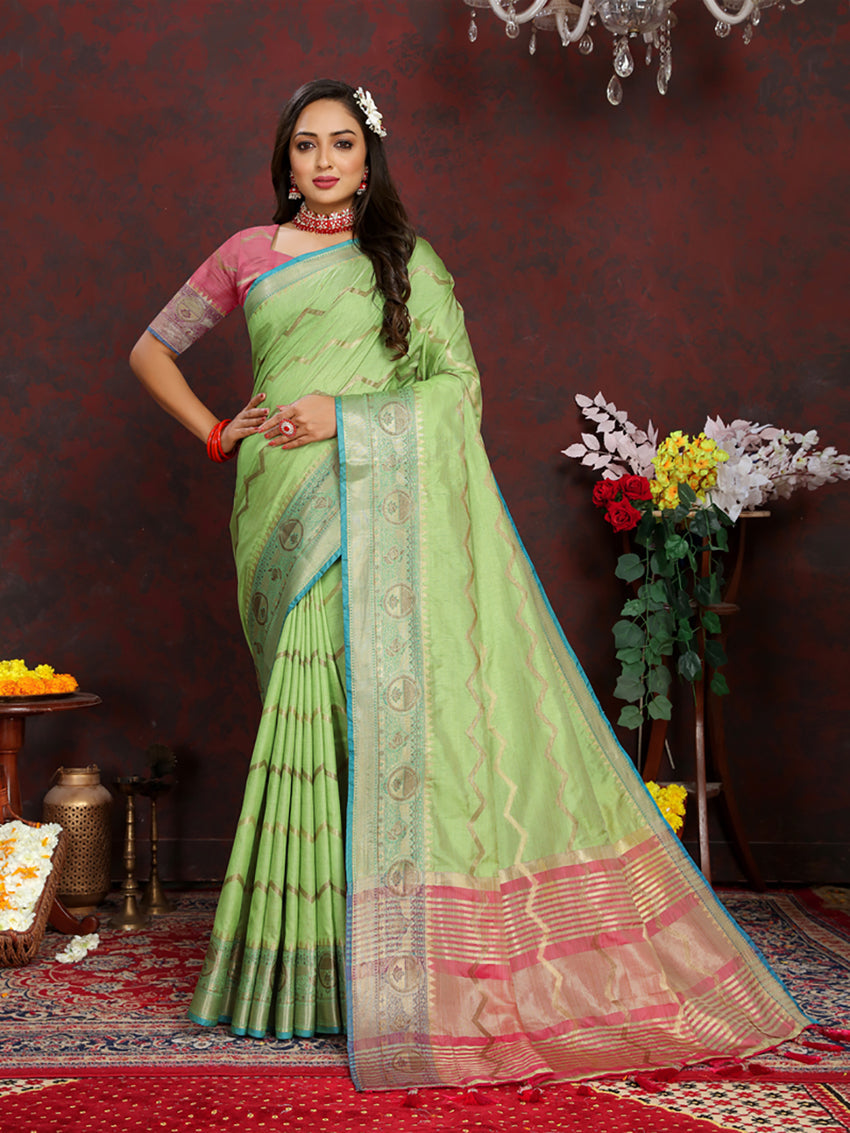 Lorenvalley Fashion Green Soft Katan Silk Woven Design Zari Weaving Pallu Saree - Swadesiicart